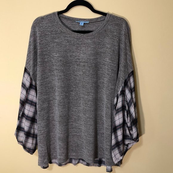 She + Sky Brown Plaid Bubble Sleeves Knitted Top - Picture 3 of 13